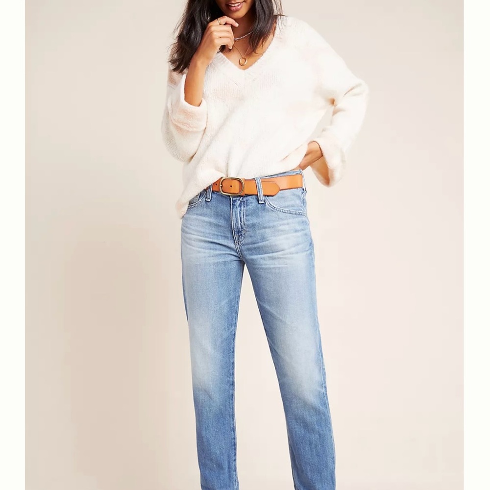 Anthropologie Maggie Bell-Sleeved V-Neck Wool Oversized Sweater, Cream & Pink M - Picture 2 of 9